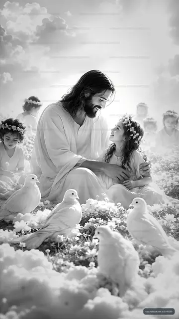 Jesus with children in a serene setting surrounded by doves