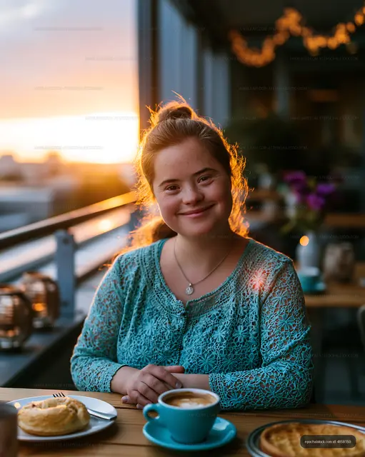 Smiling girl enjoying coffee at sunset on a balcony