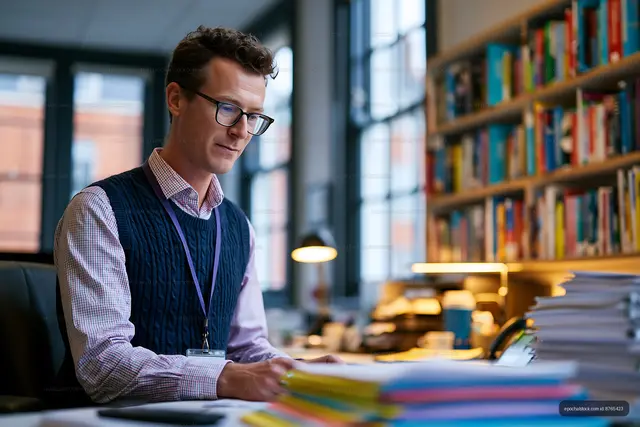 Man working at desk in office surrounded by books and papers