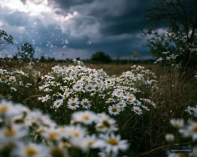 Field of white daisies under dark stormy sky