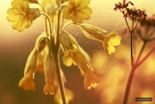 Flowers in sunlight with spider webs in outdoor setting