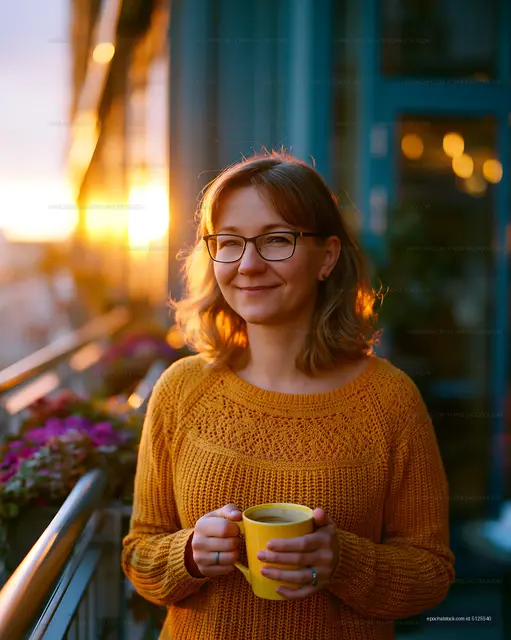 Woman holding yellow mug during sunset on a balcony