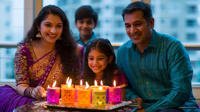 Family celebrating festival with candles and colorful lights