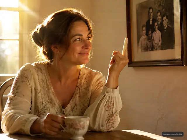 Woman holding a tea cup and looking at a family portrait