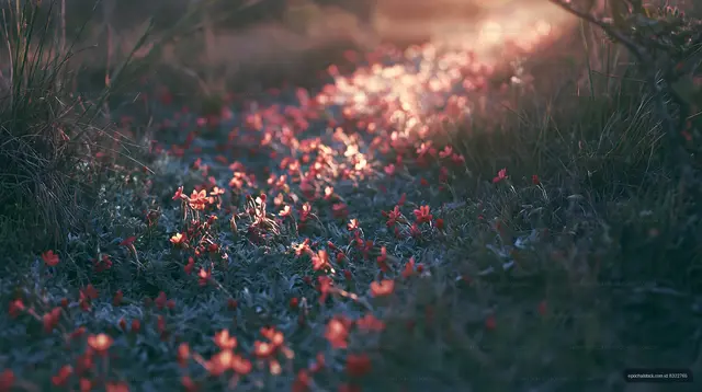 Flower path in a field during sunset