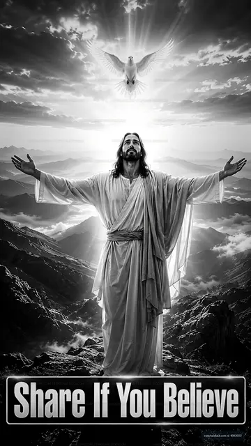 Jesus figure with arms wide in a mountainous scene