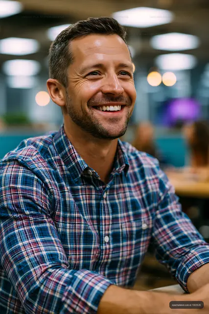 Smiling man sitting at a table in a modern workspace