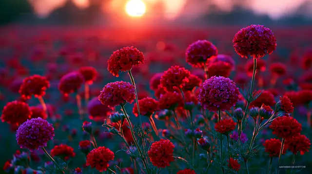 Colorful flowers in a field during sunset