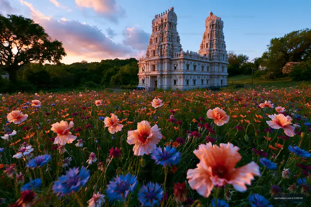 Temple surrounded by colorful flowers at sunset