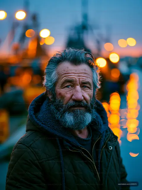 Man with beard stands by water during twilight near boats