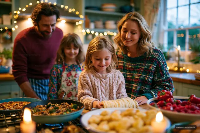 Family cooking together in a cozy kitchen during evening time