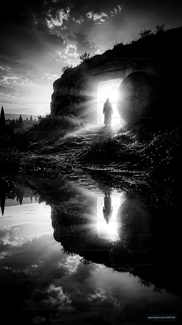 Silhouette of a figure emerging from a cave at dawn