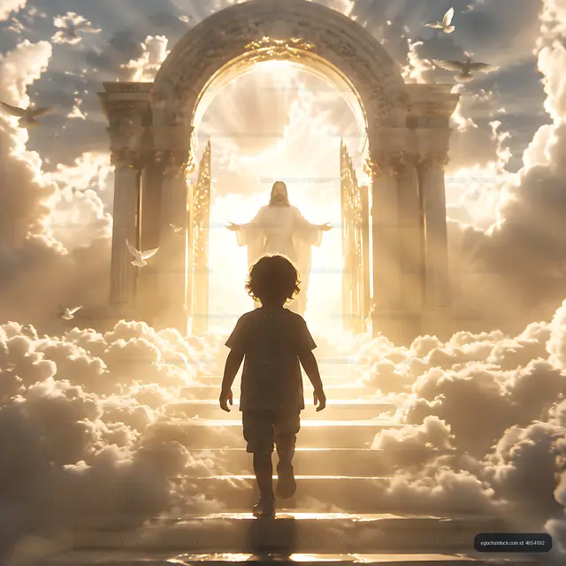 Child walking towards a glowing doorway in heavenly clouds