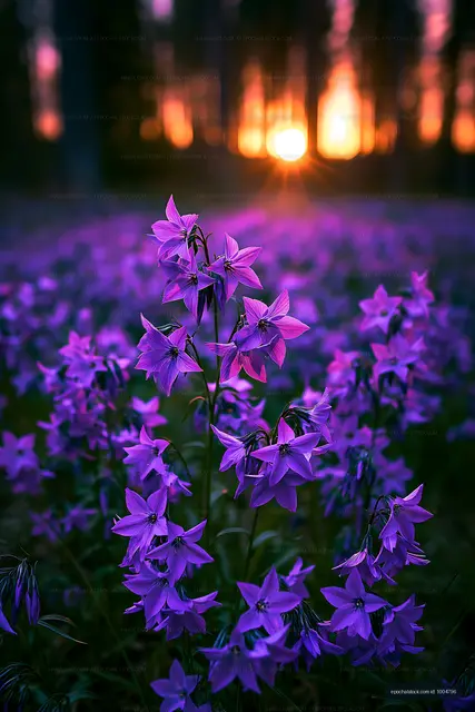 Violet flowers bloom at sunset in a forest clearing