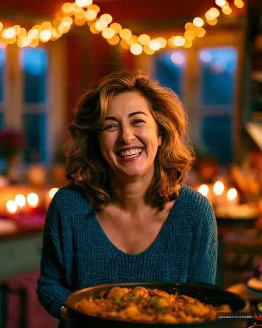 Woman smiles while holding a large dish in a cozy kitchen