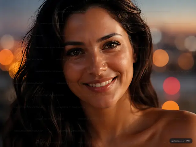 Smiling woman with long hair in a city at dusk