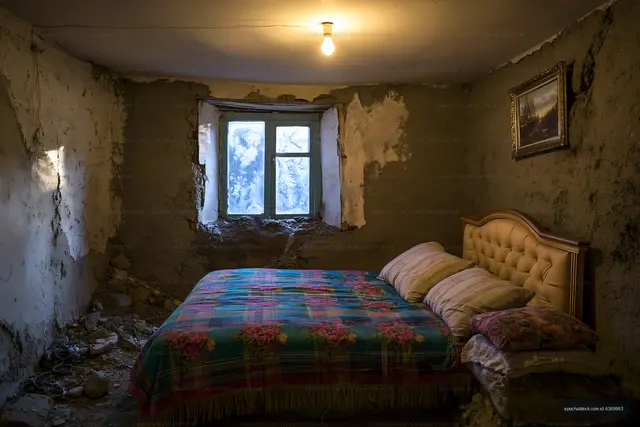 Old bedroom with a bed and a cracked wall in a dimly lit space