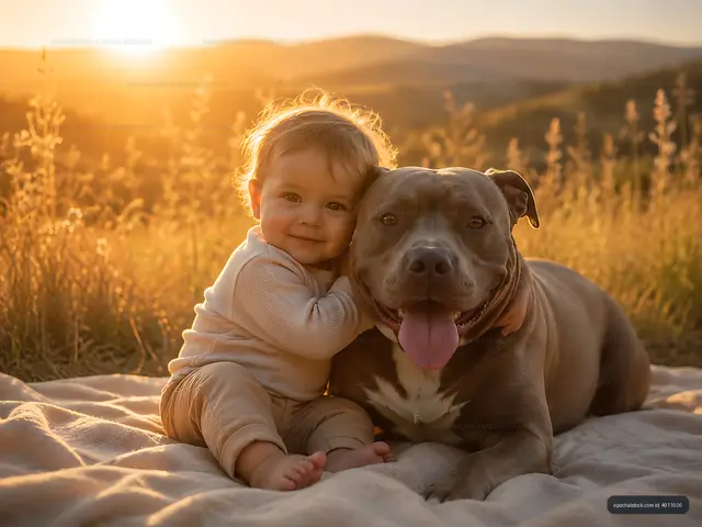 Child and dog sitting together at sunset in nature