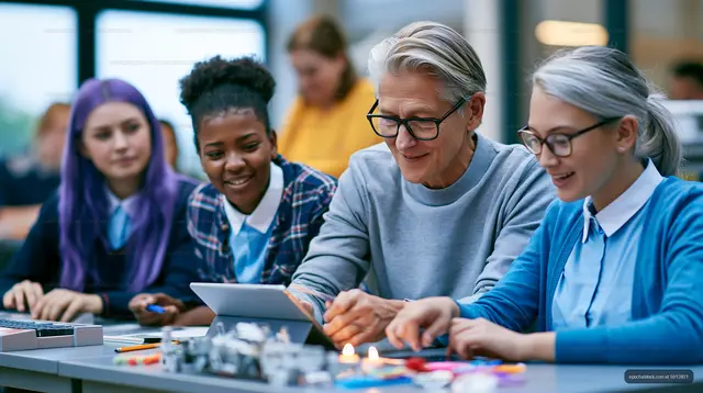 Group of diverse people working together in a classroom setting