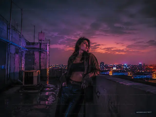 Woman standing on rooftop during sunset in urban setting