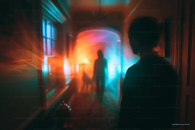 Shadowy figures in a colorful corridor