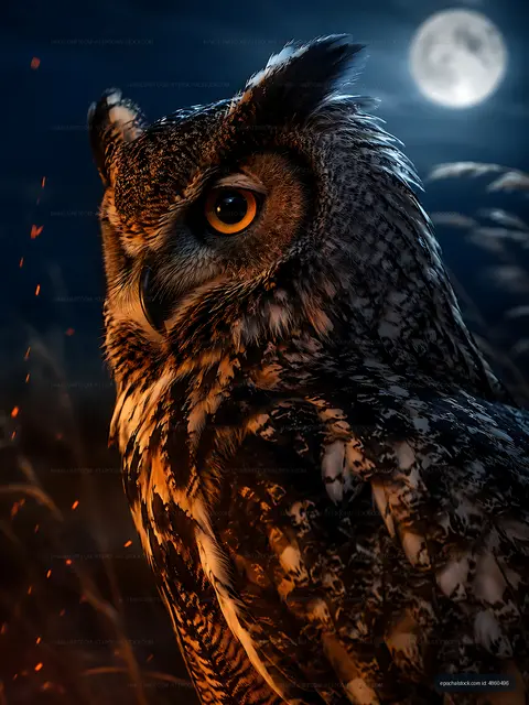 Owl in night setting under a bright full moon