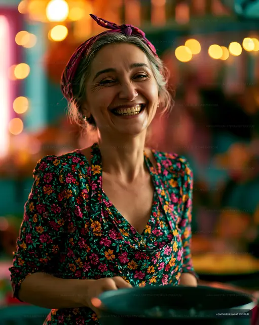 Woman cooking in a vibrant kitchen with colorful decorations