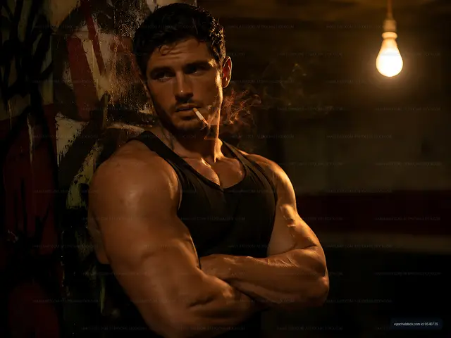 Man with muscular build in tank top stands in dimly lit space