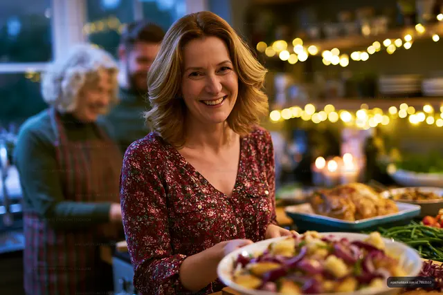 Smiling woman serving food during family dinner at home
