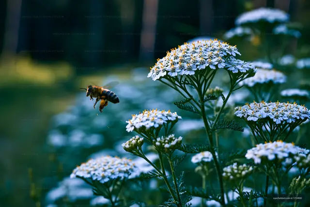 Bee flying near white flowers in a green field