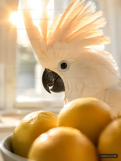 Cockatoo next to a bowl of lemons in sunlight