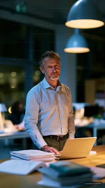 Businessman working late at desk in modern office setting