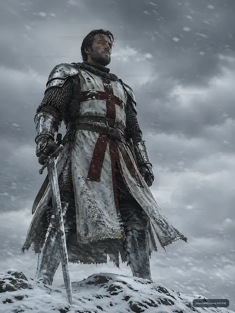 Knight in armor standing on rocky ground during snowfall