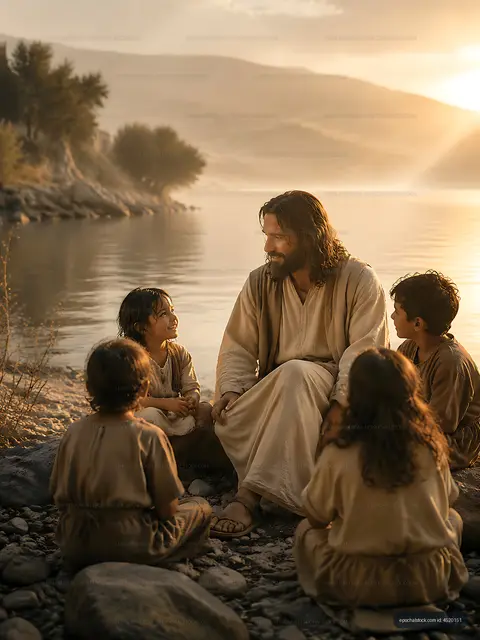 Jesus teaching children by the water at sunrise