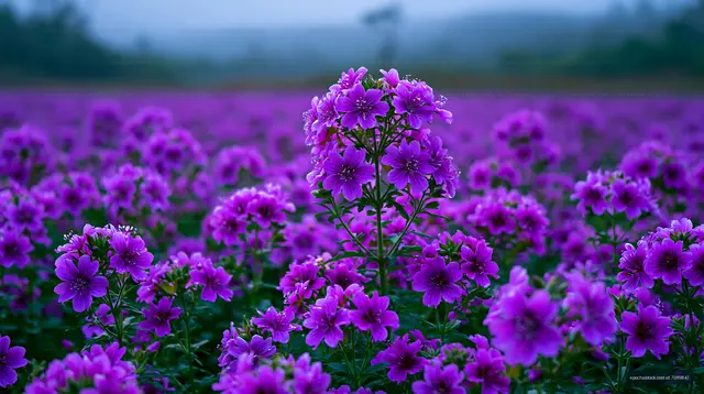 Purple flowers bloom in a vibrant field during early morning
