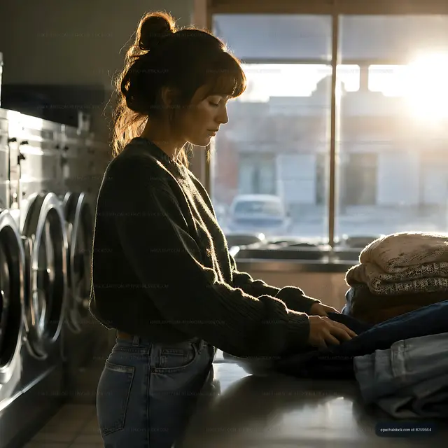 Woman folding laundry in a laundromat during sunset