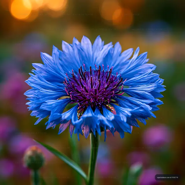 Blue flower with purple center in garden during sunset