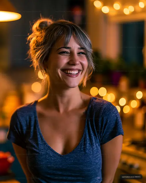 Smiling woman in kitchen with warm lights in the evening