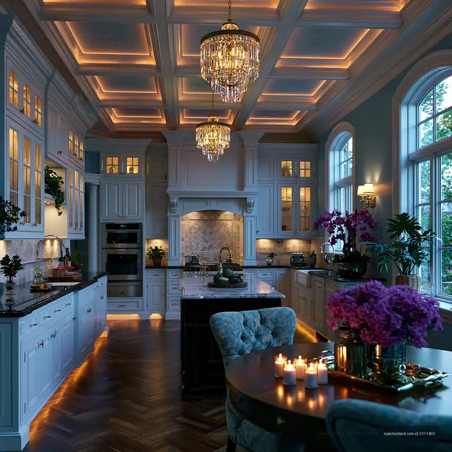 Modern kitchen with crystal chandeliers and elegant decor
