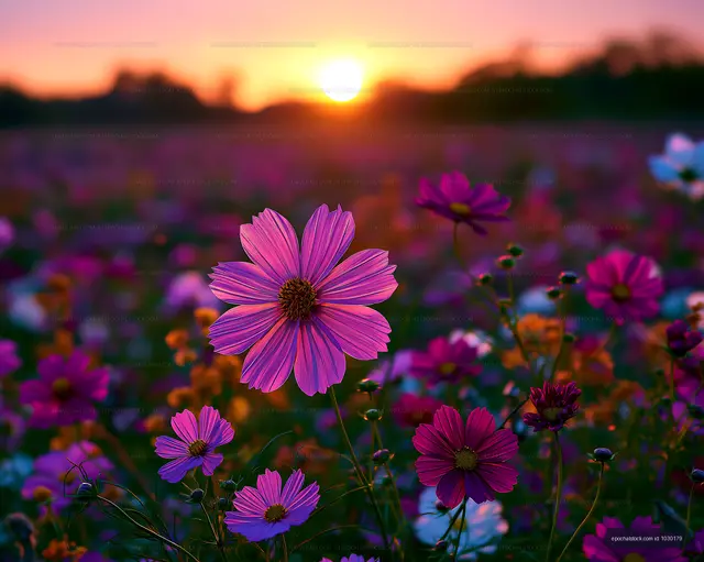 Field of colorful flowers at sunset near a meadow