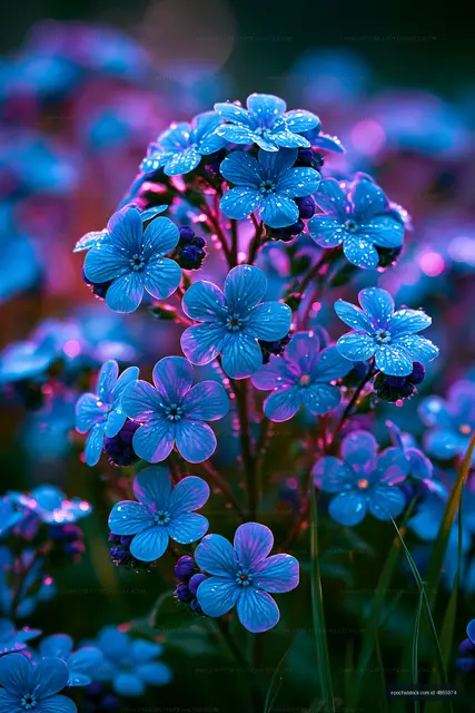 Blue flowers with droplets in a garden at dusk