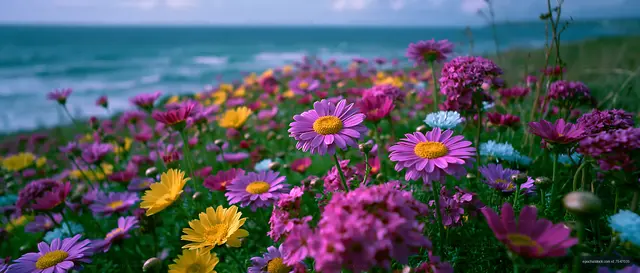 Colorful flowers by the ocean on a sunny day