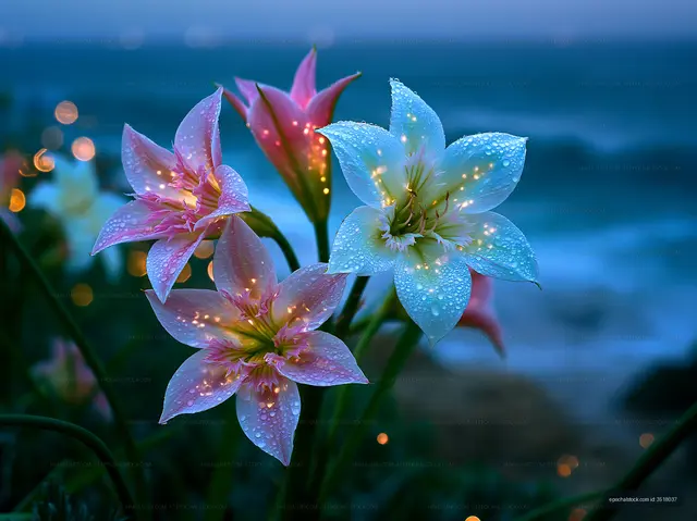 Flowers with dew near ocean at dusk