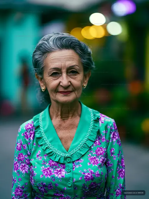 Senior woman in floral dress stands outdoors in vibrant market