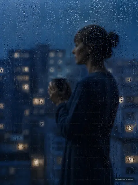 Woman holding a cup looking out at a city during rain