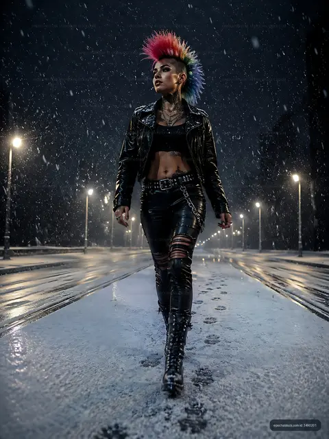 Woman with colorful hair walking on snowy street at night