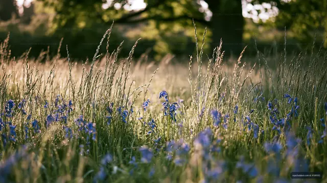 Wildflowers and grass in a sunny field during springtime