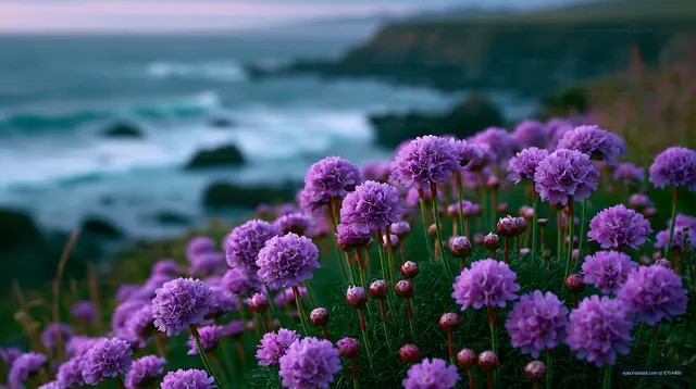 Purple flowers along a rocky coastline at sunset