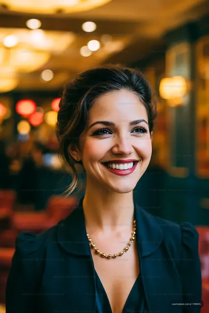Woman smiling in elegant venue with warm lights