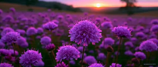 Sunset over a field of purple flowers in bloom